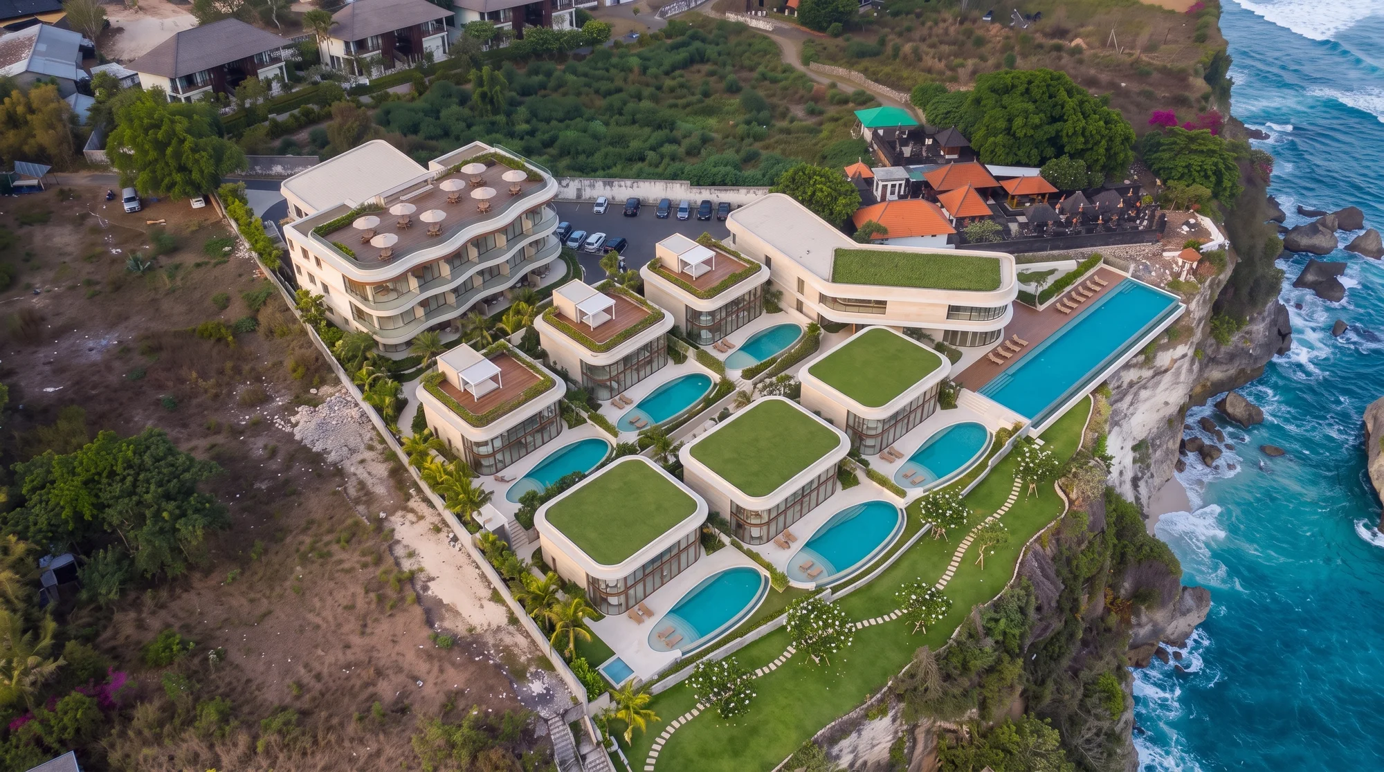 The 18 key scheme rendered on an actual drone frame of the La Calma Uluwatu cliff front site at Pecatu, Bali