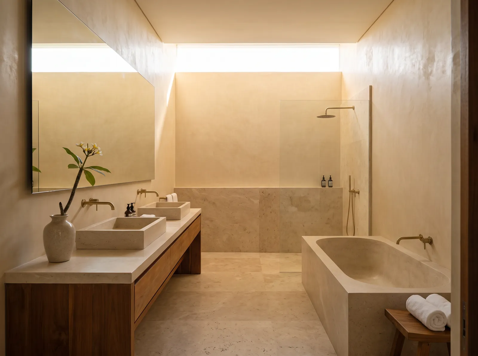 A villa bathroom towards the garden, interior render