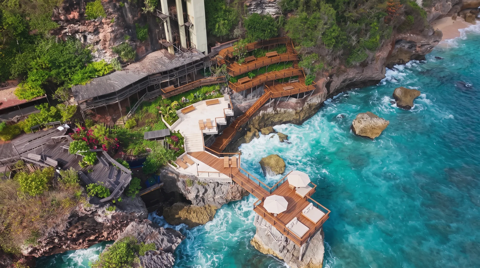 The timber deck lagoon at the cliff base, renovation concept render