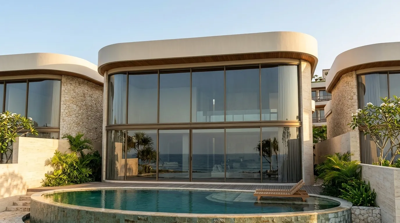 Type A Cliff Villa at dusk, exterior render