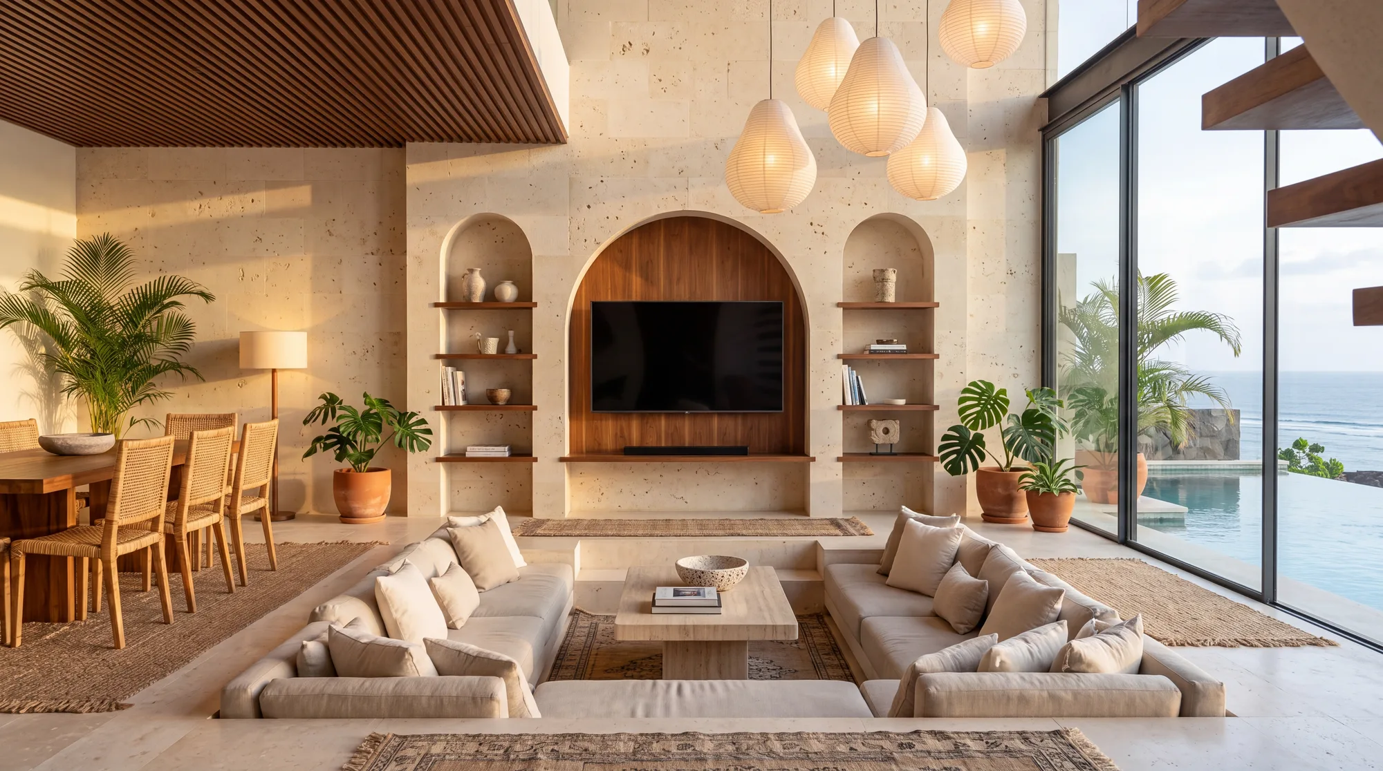 The double height living room with sunken lounge, interior render