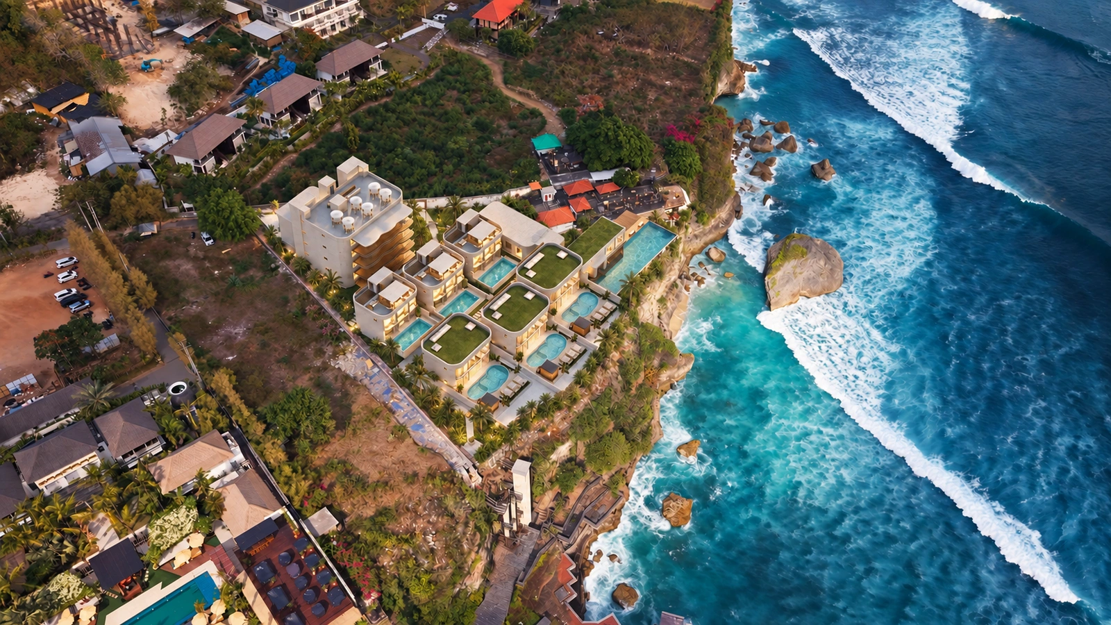 Drone-based photographic design visualisation of the proposed resort, showing the neighbouring temple and coastline with illustrative detail.