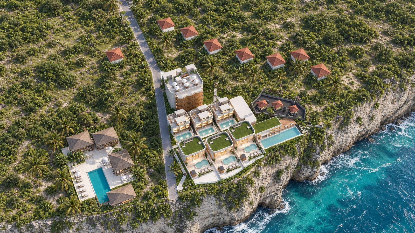 Oblique 3D overview of the latest 18-key resort, with numbered villa locations and the twelve-room building identified.